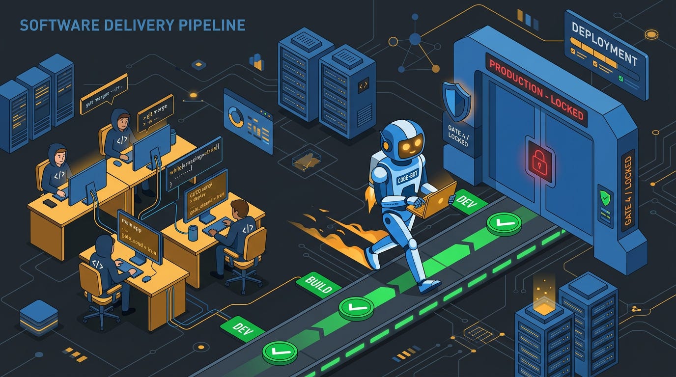 Flat isometric illustration of a coding robot confidently crossing a series of green checkpoints while only the final large security gate remains locked, small developers watching code screens nearby, dark charcoal background, clean vector art style, blue and amber color palette, modern software engineering editorial aesthetic Flat isometric illustration of a coding robot confidently crossing a series of green checkpoints while only the final large security gate remains locked, small developers watching code screens nearby, dark charcoal background, clean vector art style, blue and amber color palette, modern software engineering editorial aesthetic
