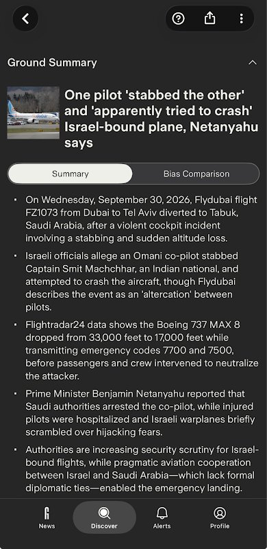 Ground News summary of the Flydubai story describing a stabbing and attempted crash