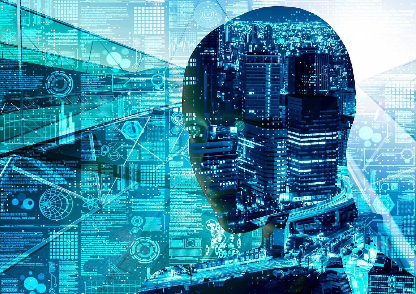 A digital composite showing a human head silhouette filled with a glowing city skyline, superimposed over abstract technological data, symbolizing the integration of AI and human cognition