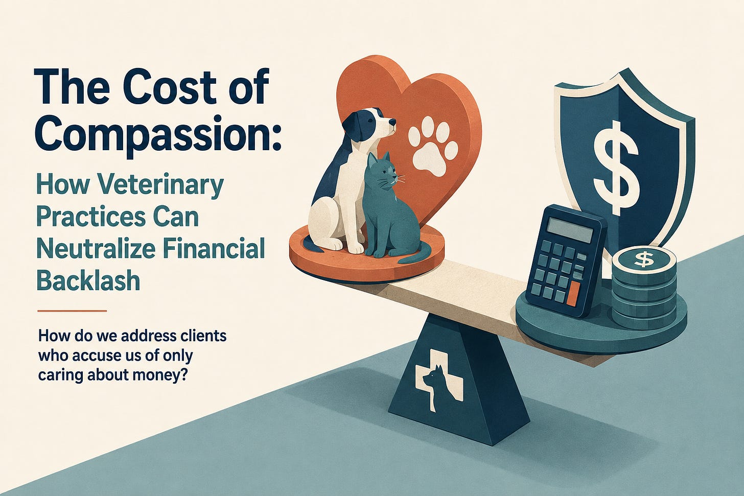 Editorial illustration showing a balanced scale with a dog and cat in front of a heart on one side and financial symbols—a calculator, coins, and a dollar shield—on the other, representing the challenge veterinary practices face in balancing compassionate care with financial sustainability while addressing clients who believe clinics only care about money. Editorial illustration showing a balanced scale with a dog and cat in front of a heart on one side and financial symbols—a calculator, coins, and a dollar shield—on the other, representing the challenge veterinary practices face in balancing compassionate care with financial sustainability while addressing clients who believe clinics only care about money.