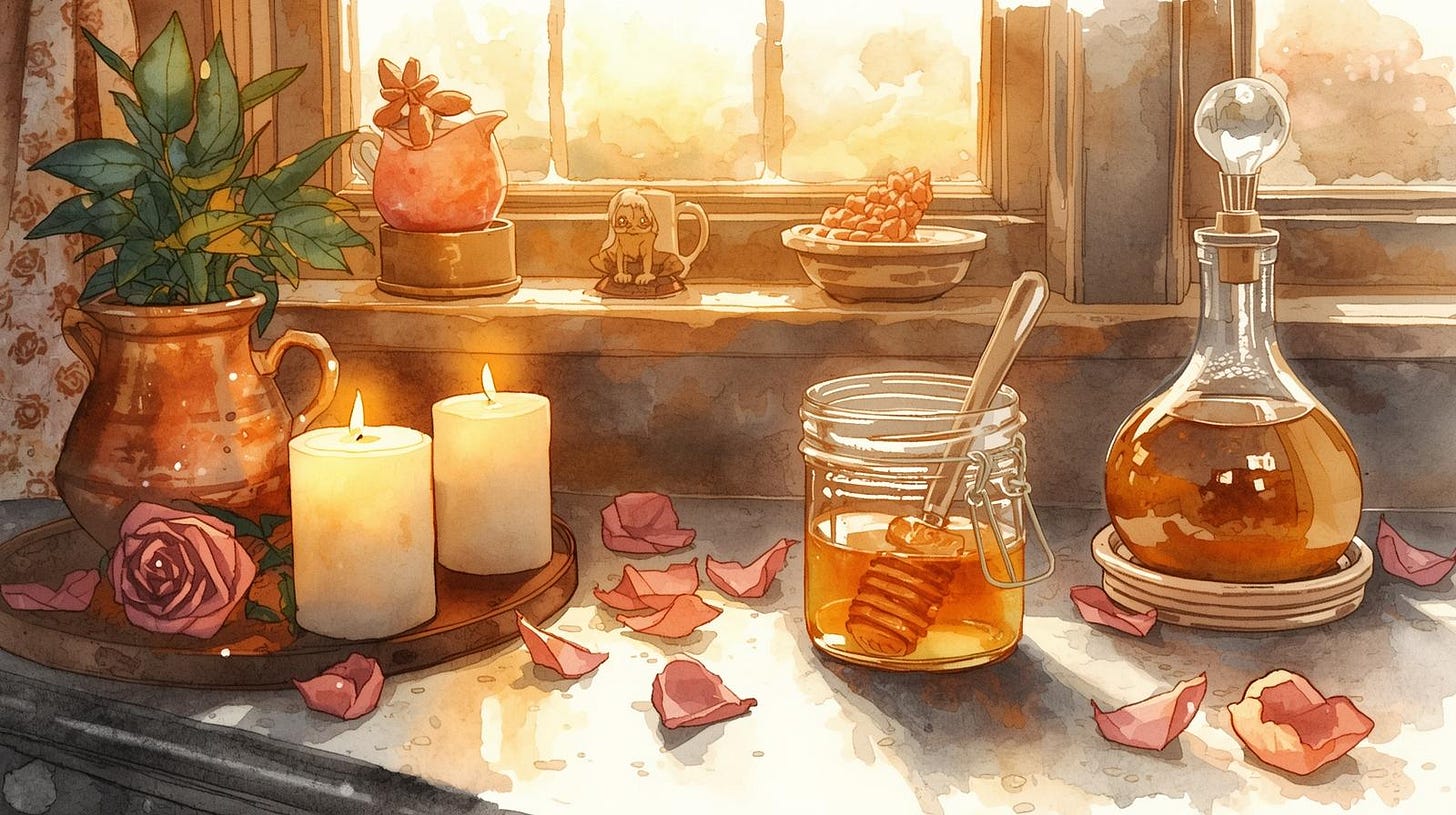 A cozy watercolor scene of a honey jar and spell ingredients on a wooden table.