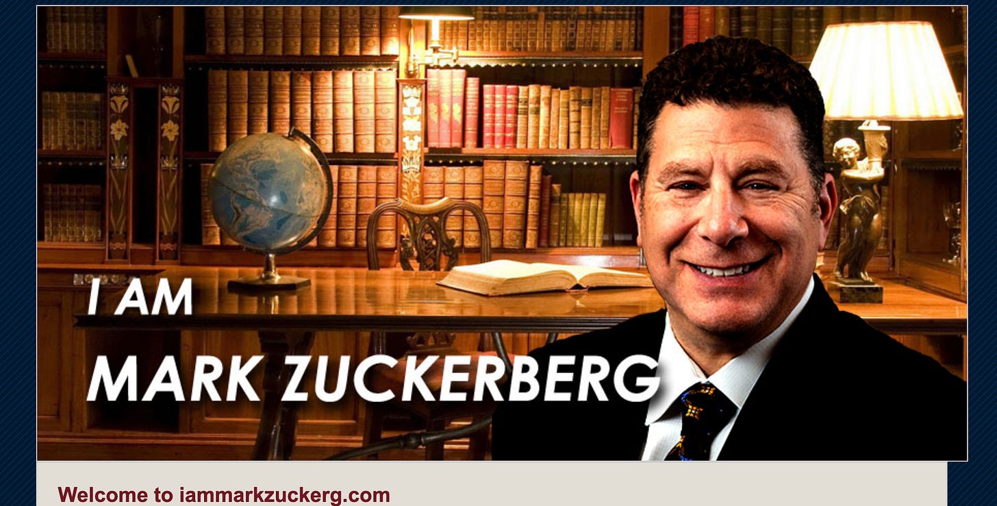 Website header from "I am Mark Zuckerberg dot com," featuring an image of a man in a suit in a library just above the misspelling of the website in text that reads "Welcome to I am Mark Zuckerg dot com"