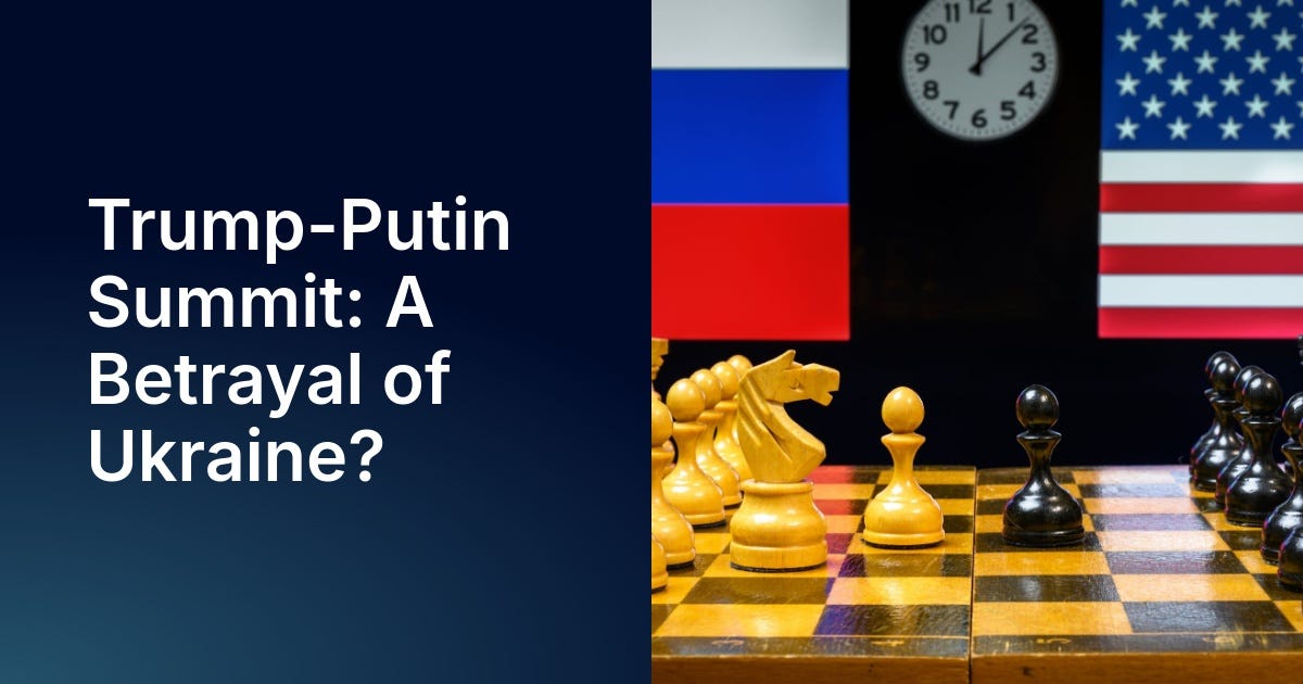 Split Image: left side dark blue background with title "Trump-Putin Summit: A Betrayal of Ukraine?" - Right side: image of chess board with white/wood chess pieces on left and black/wood chess pieces on right. Above on the left is the Russian Flag and above on the right is the United States flag. A chess clock is centered between the flags. Split Image: left side dark blue background with title "Trump-Putin Summit: A Betrayal of Ukraine?" - Right side: image of chess board with white/wood chess pieces on left and black/wood chess pieces on right. Above on the left is the Russian Flag and above on the right is the United States flag. A chess clock is centered between the flags.