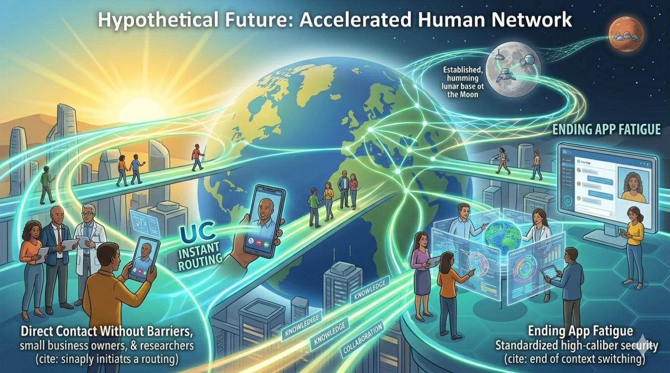 A panoramic, bright, and optimistic conceptual vector-style illustration of a thriving global smart-city at a golden dawn. Diverse, happy people collaborate effortlessly across smooth, glowing sky-bridges and high-tech spaces. A central, radiating, interwoven network hub beams glowing cyan, green, and gold data streams everywhere, linking all devices and individuals. People interact without technical barriers using a variety of futuristic, neutralized devices. In the deep background, the glowing network lattice extends out from Earth's network hub, clearly connecting to a thriving lunar base and a distant Martian base in the dark, starry sky. A panoramic, bright, and optimistic conceptual vector-style illustration of a thriving global smart-city at a golden dawn. Diverse, happy people collaborate effortlessly across smooth, glowing sky-bridges and high-tech spaces. A central, radiating, interwoven network hub beams glowing cyan, green, and gold data streams everywhere, linking all devices and individuals. People interact without technical barriers using a variety of futuristic, neutralized devices. In the deep background, the glowing network lattice extends out from Earth's network hub, clearly connecting to a thriving lunar base and a distant Martian base in the dark, starry sky.