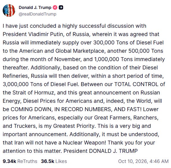 A screenshot of Donald Trump social media post in which he outlines his deal with Russia. A screenshot of Donald Trump social media post in which he outlines his deal with Russia.