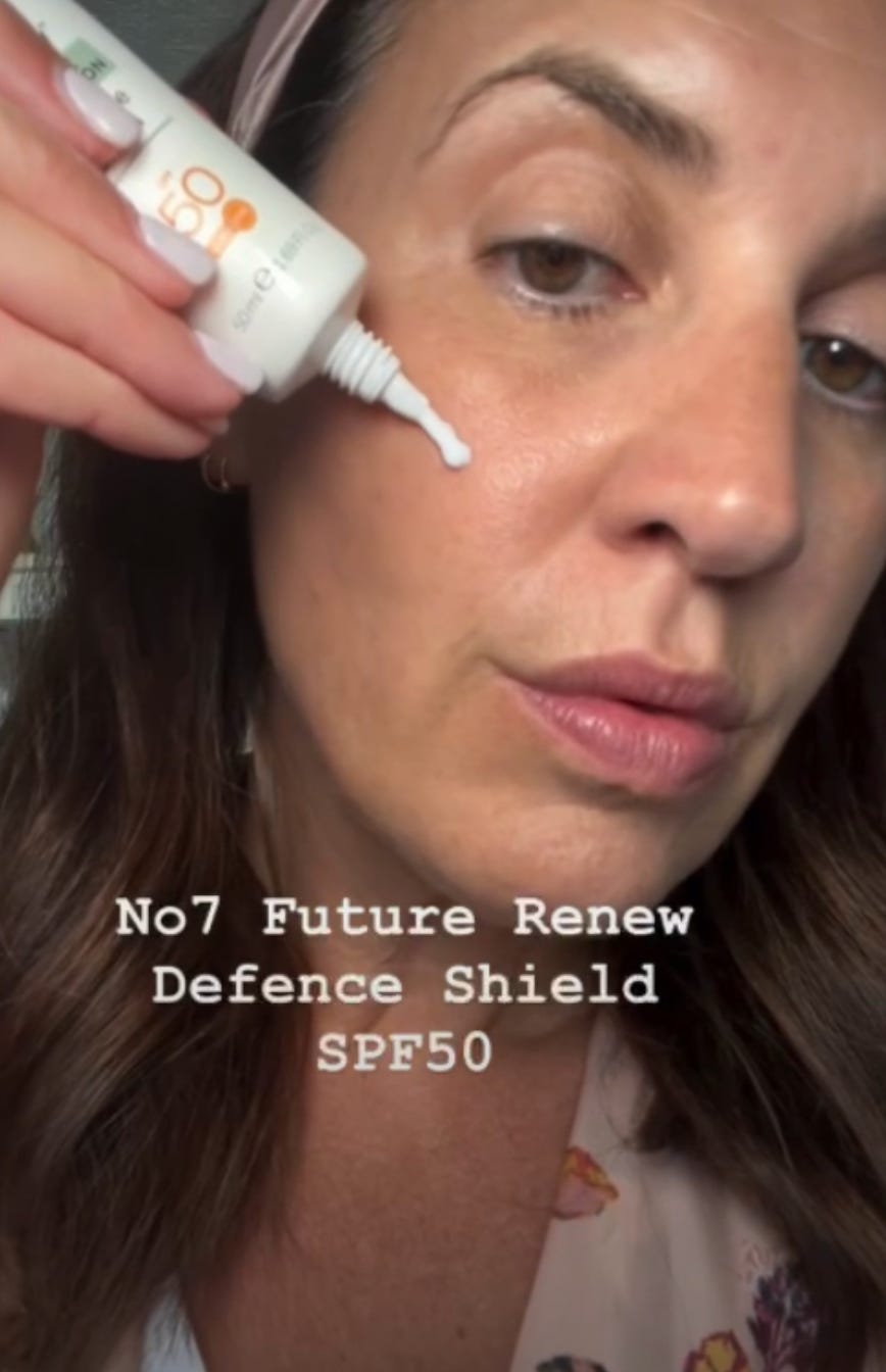 Beauty Editor Donna Francis testing out A tube of No7 Future Renew Damage Reversal UV Defence Shield SPF50, a lightweight daily sunscreen infused with advanced peptide technology. Beauty Editor Donna Francis testing out A tube of No7 Future Renew Damage Reversal UV Defence Shield SPF50, a lightweight daily sunscreen infused with advanced peptide technology.
