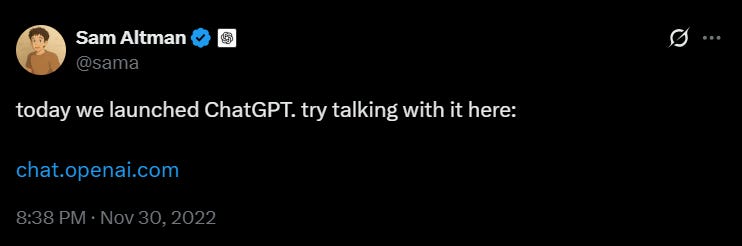 Snímek tweetu, kterým Sam Altman oznamuje spuštění Chatu GPT.