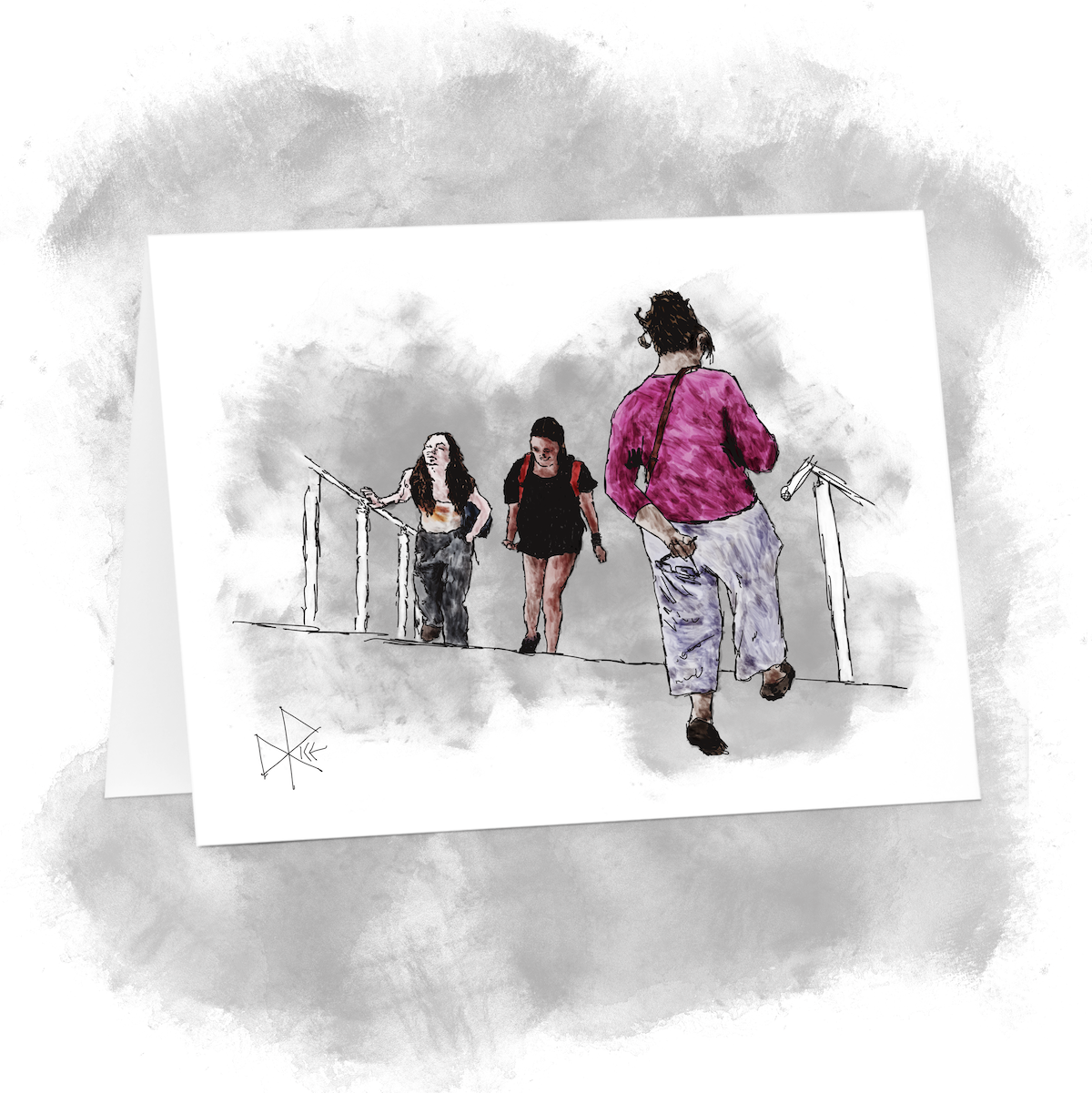 Two young women walking up some steps as another woman prepares for her descent of them. Sketch art by Don Rice.