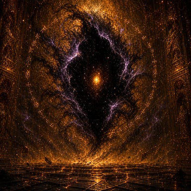 Tenebrous as an amber-lit shadow entity: a vast non-humanoid void-shape like a tear in reality, edges glowing with violet and black luminescence. No face, no limbs—only presence. Interior filled with drifting star-ash moving in reverse. Tendrils of shadow-mist that never form into tentacles. A faint halo of broken runes orbiting the void. A single amber core pulsing like a dying star. Surrounded by the molten gold glow of the Amber Temple, dust motes rising upward, floor cracking into geometric fractures. Fully original design.