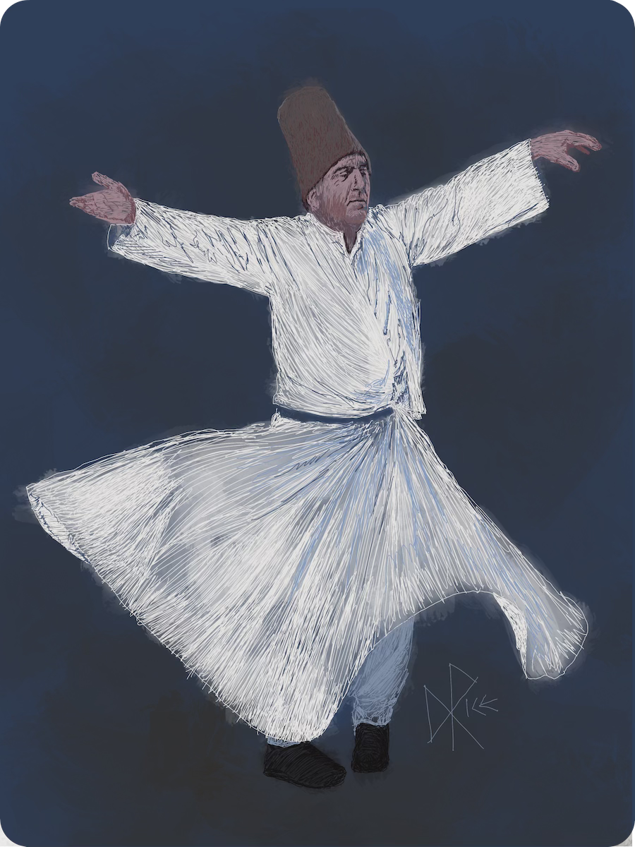 Dancing dervish, arms out and feet at angles as he spins in place, robe hem waving with centrifugal energy. Sketch art by Don Rice. Dancing dervish, arms out and feet at angles as he spins in place, robe hem waving with centrifugal energy. Sketch art by Don Rice.