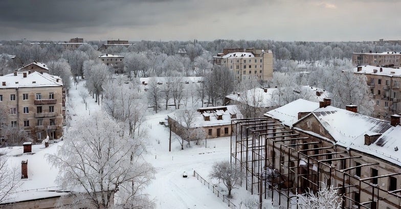 A desolate, frozen cityscape in Eastern Europe, with snow-covered buildings and a wintry atmosphere.