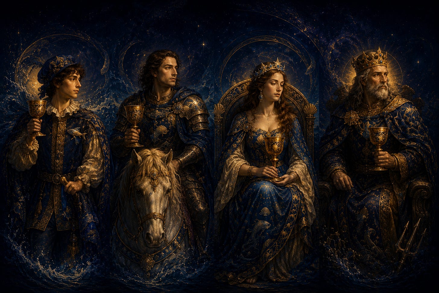 The four court cards of the Suit of Cups painted as royal figures seated together in candlelight.