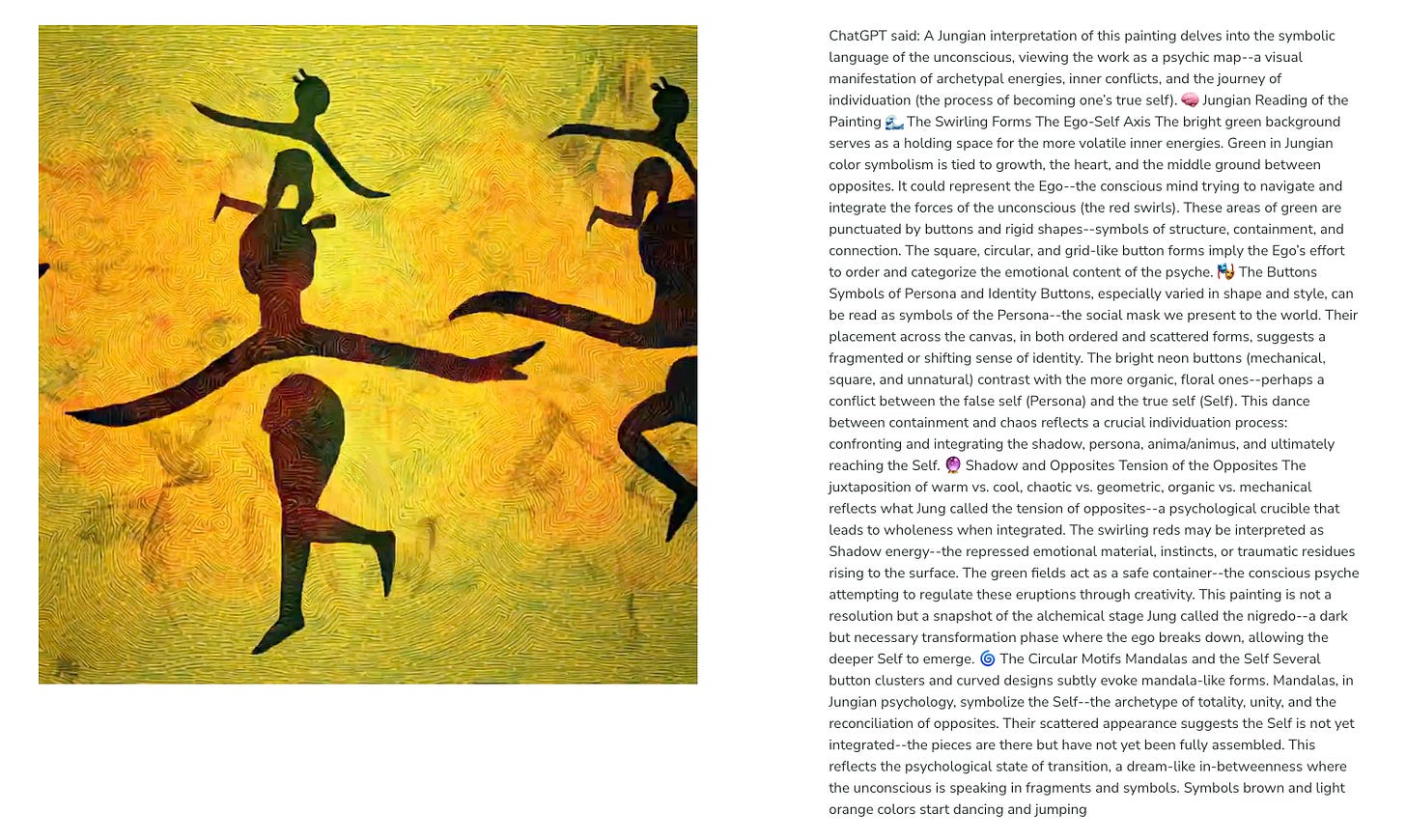 A digital painting is presented alongside a block of text offering a Jungian interpretation of its meaning. The artwork itself features fluid, ink-black silhouettes of dancing figures captured mid-motion against a richly textured, golden-yellow canvas that resembles cracked light. According to the analysis, this scene acts as a