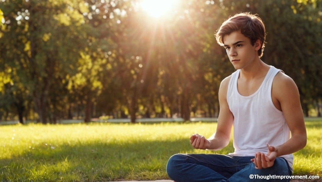 Meditating in a park with breathing exercises.