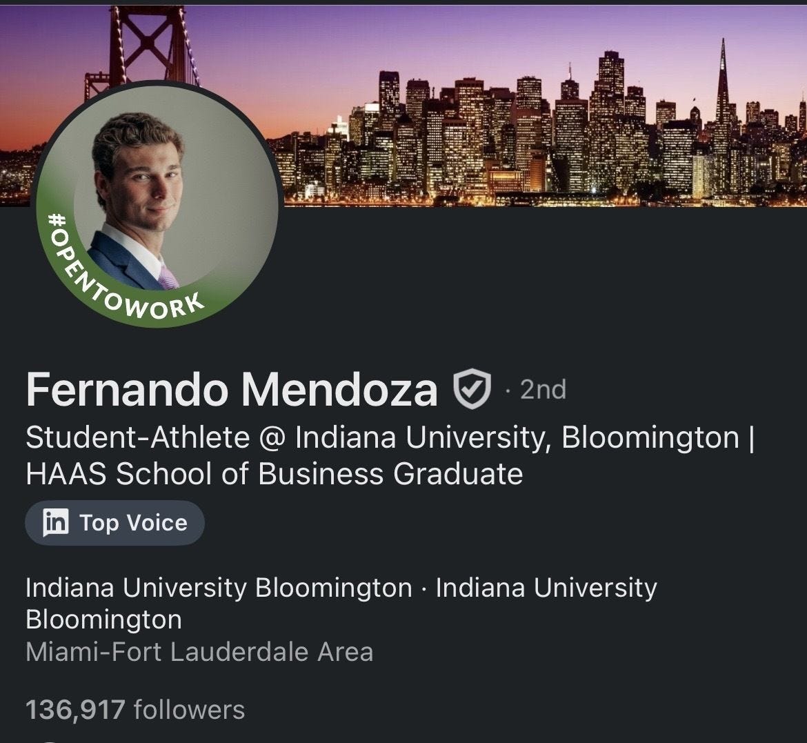 Like Many Others on LinkedIn, Indiana Football Star Fernando Mendoza Is #OPENTOWORK Like Many Others on LinkedIn, Indiana Football Star Fernando Mendoza Is #OPENTOWORK