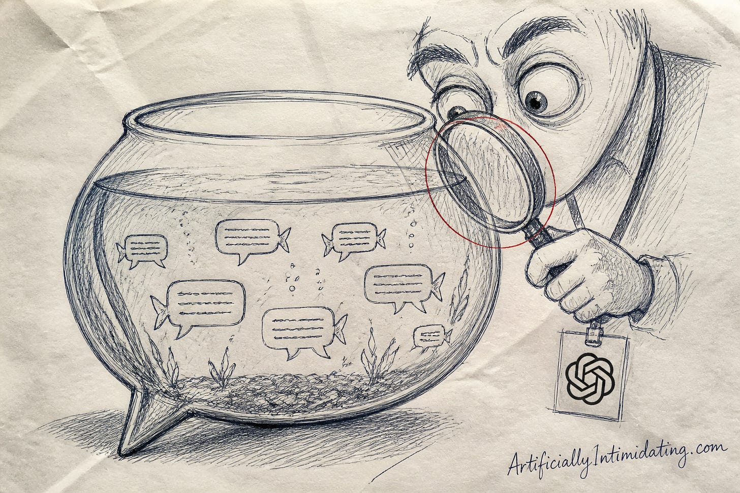 Hand-drawn sketch of a giant fishbowl full of swimming speech-bubble fish representing private chat messages, with a huge eye peering in through a magnifying glass, wearing an OpenAI-branded lanyard badge.