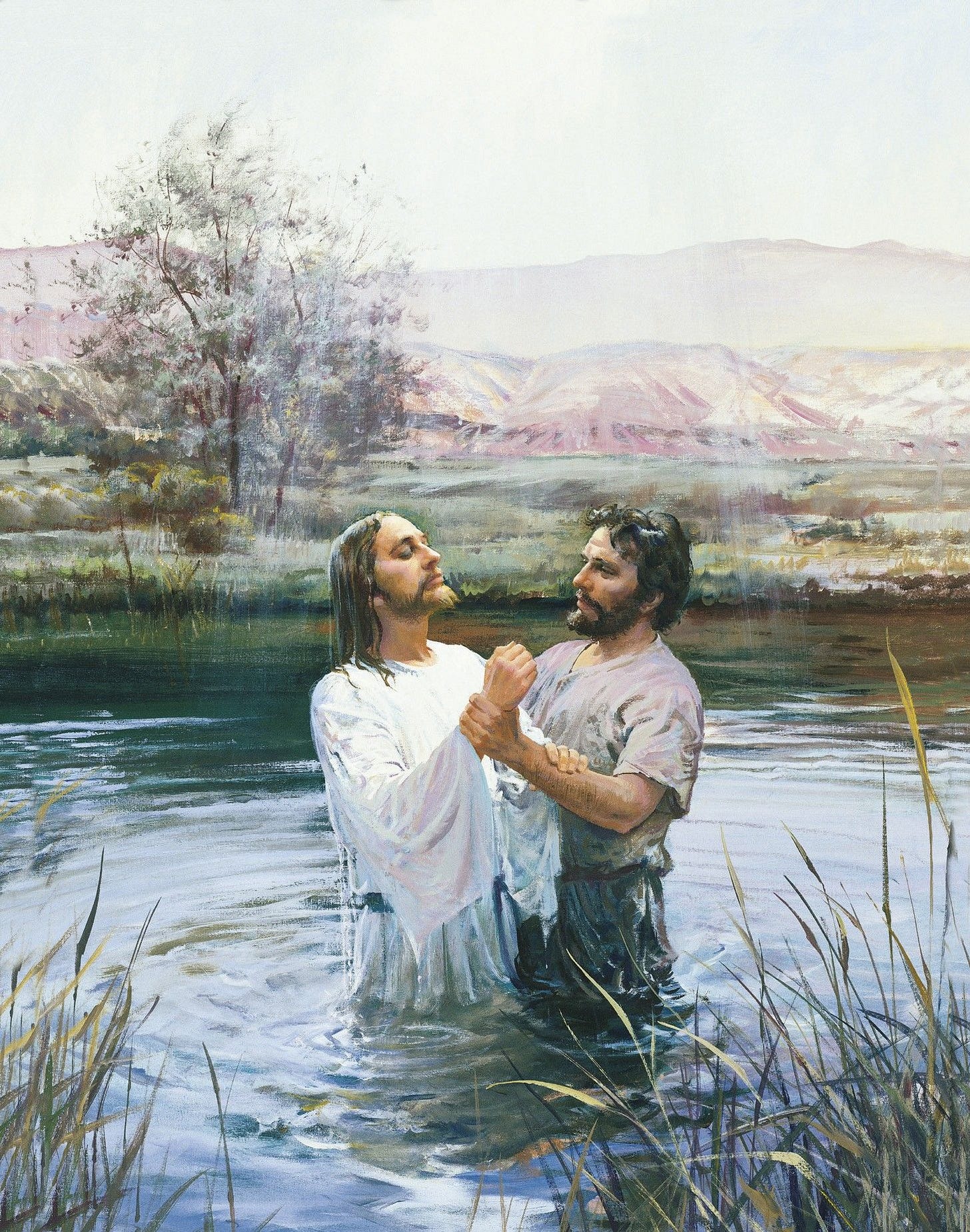 John the Baptist Baptizing Jesus (John Baptizing Jesus), by Harry Anderson (62133); GAK 208; GAB 35; Primary manual 1-18; Primary manual 2-19; Primary manual 3-01; Primary manual 7-07; Matthew 3:13–17; Joseph Smith Translation, Matthew 3:43–46 (in the Bible appendix); Mark 1:9–11; 2 Nephi 31:4–13