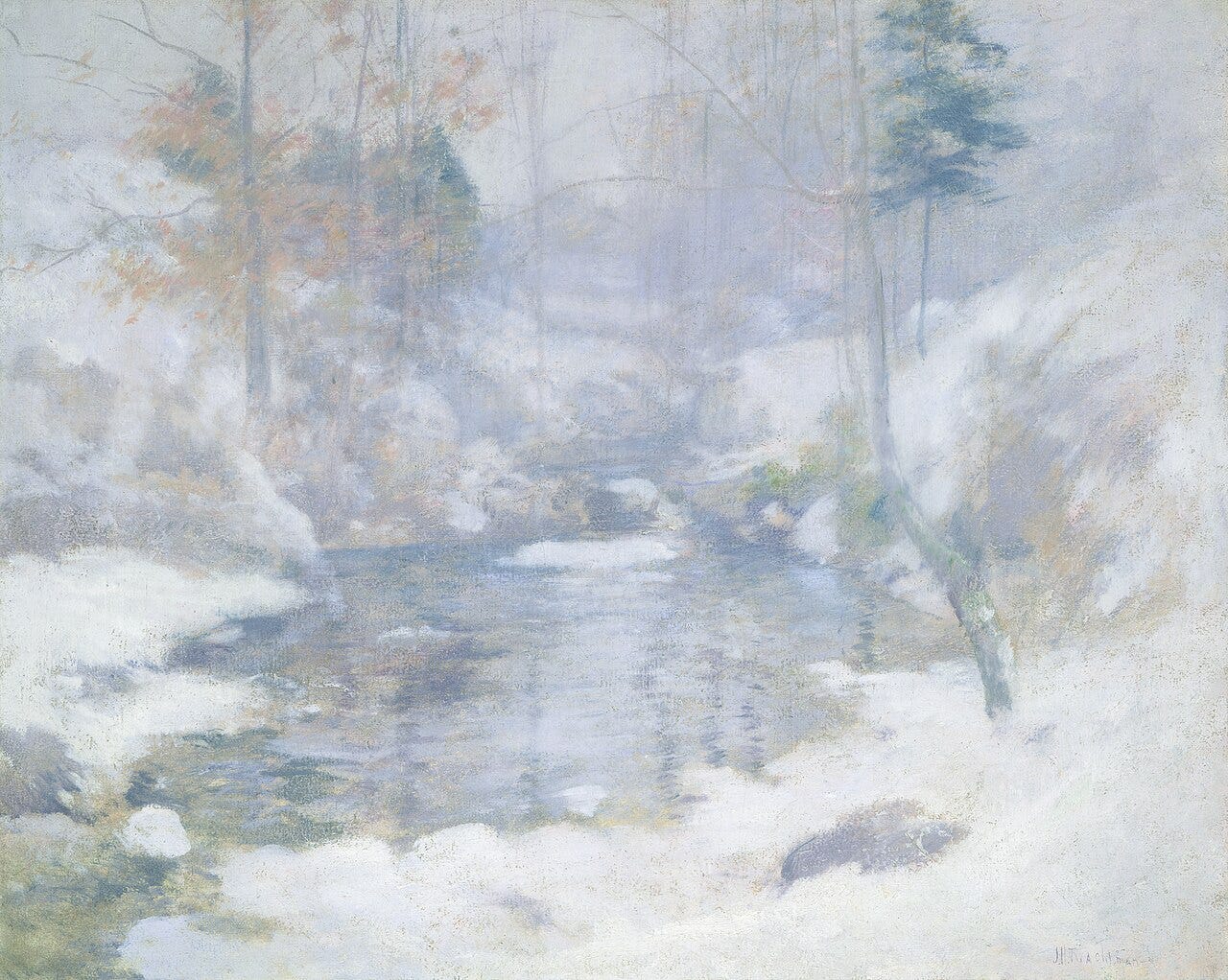 A stream of open water winding between pale snowy banks in a misty wood