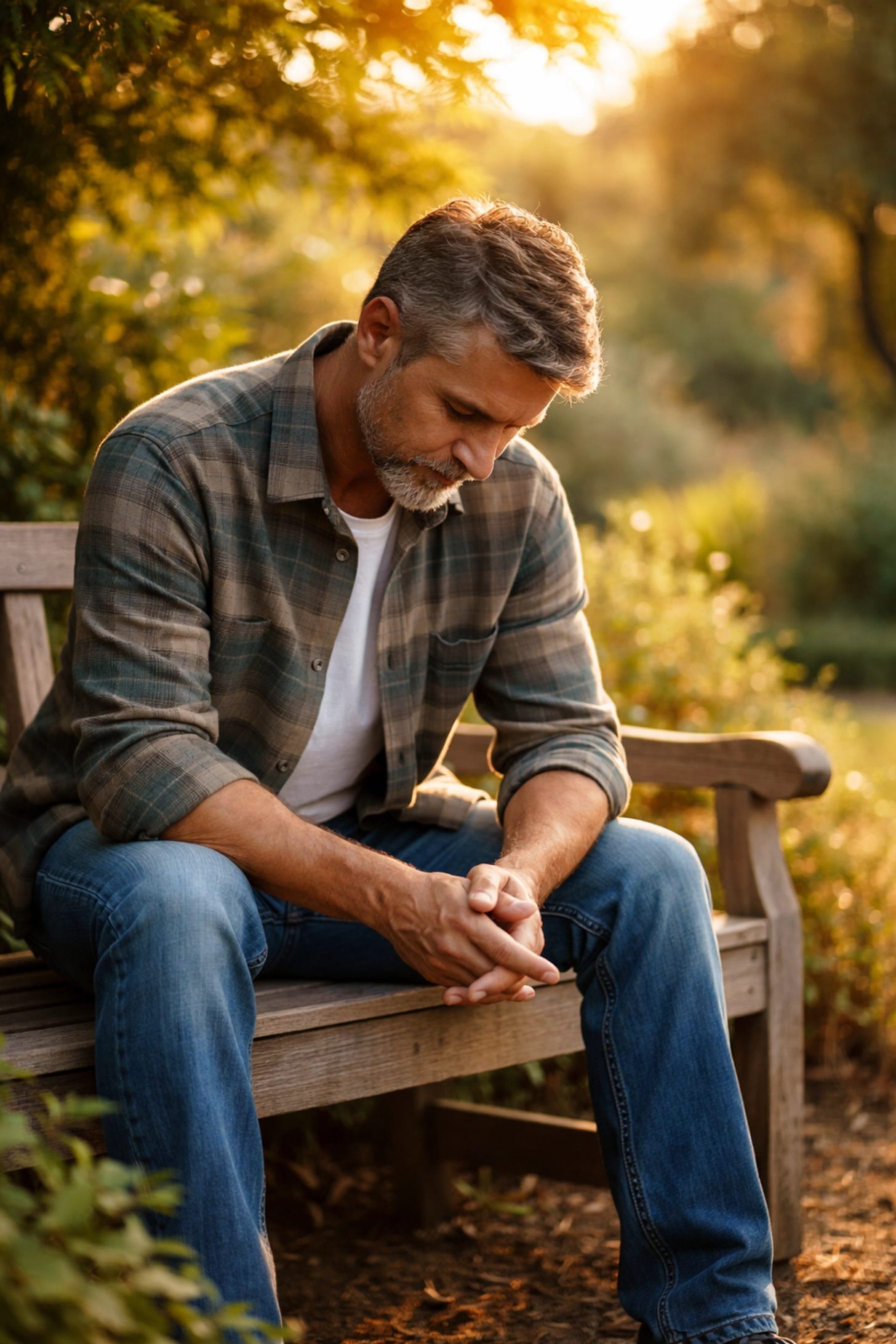 Man resting on garden bench at sunset, finding spiritual rest by releasing burdens to God's grace Man resting on garden bench at sunset, finding spiritual rest by releasing burdens to God's grace