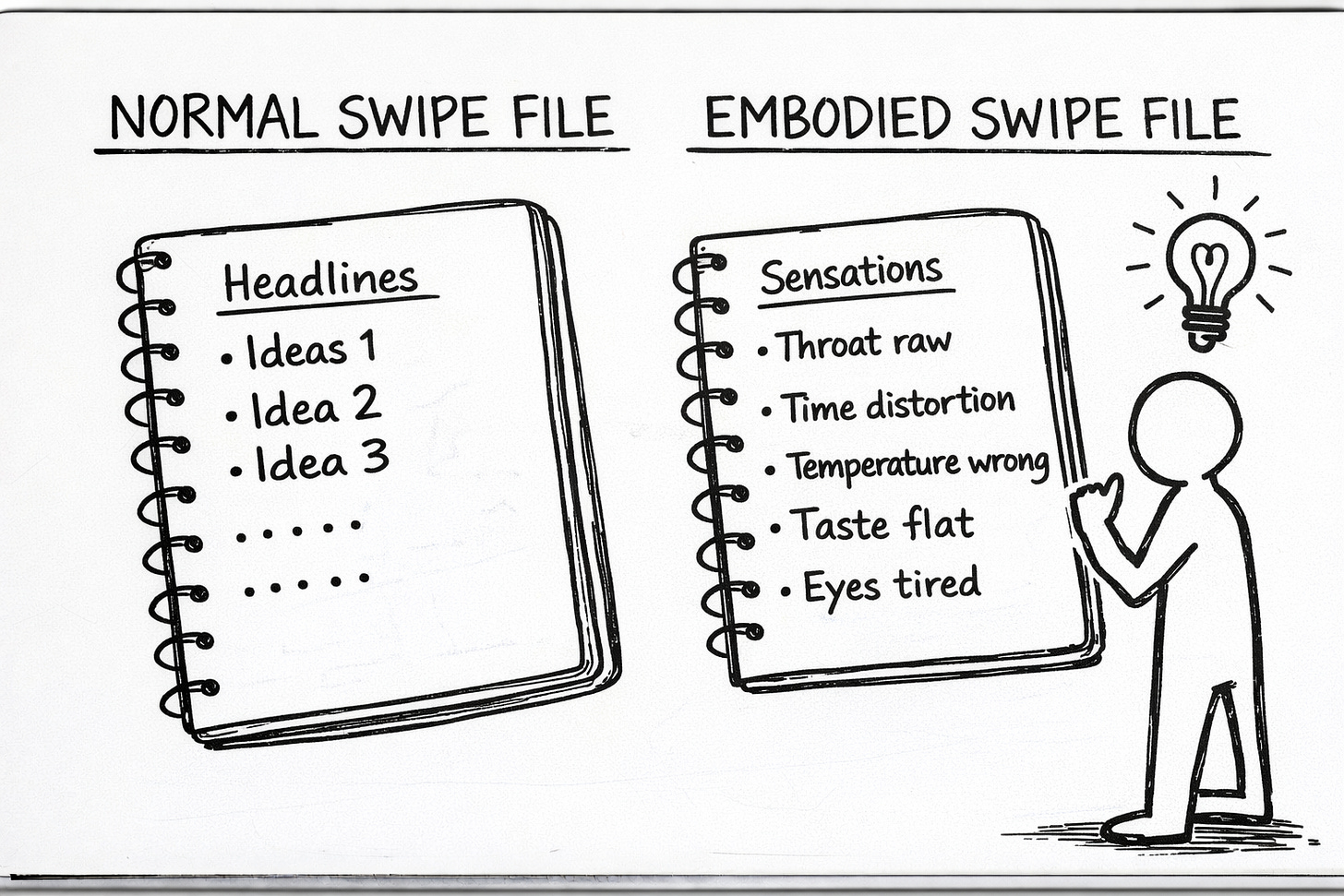 Hand-drawn whiteboard illustration comparing a “Normal Swipe File” containing headlines and abstract ideas with an “Embodied Swipe File” containing physical sensations like throat raw, time distortion, temperature wrong, and taste flat, illustrating how embodied experience creates more original writing than idea-based notes.