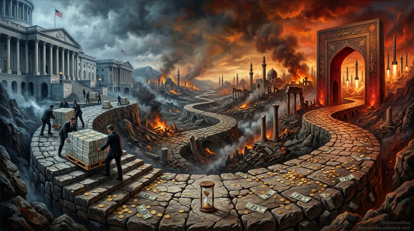 A dramatic wide-format oil painting in the style of photorealism depicting a massive ancient-looking stone road stretching from the left edge to the right edge of the frame cracked and winding through a turbulent landscape On the left the ro_image_1