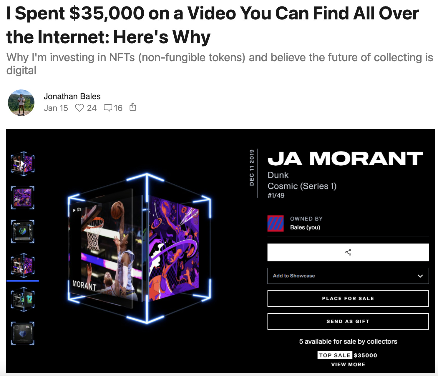 Podcast Conversation: The $250M of non-fungible tokens and the $200MM crypto  neo-cyberpunk art market for digital objects (e.g., Beepl, NBA Top Shots),  with emerging financial features