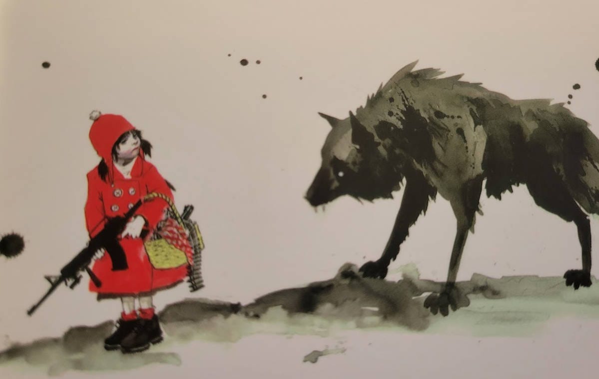young girl in modern version of Red-Riding Hood outfit holding automatic rifle, turning to look sternly at a big-bad-wolf young girl in modern version of Red-Riding Hood outfit holding automatic rifle, turning to look sternly at a big-bad-wolf