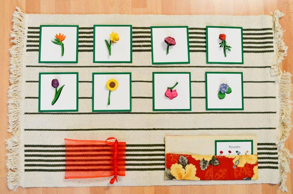 Montessori botany nomenclature cards with flower figurines laid out on a work rug — what is Montessori sensorial and cultural work