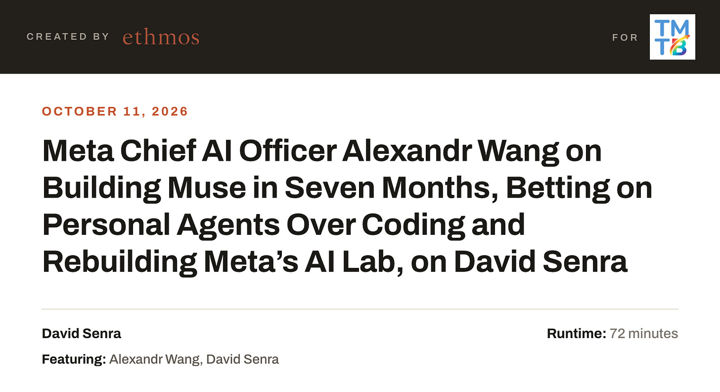 Meta Chief AI Officer Alexandr Wang on Building Muse in Seven Months, Betting on Personal Agents Over Coding and Rebuilding Meta’s AI Lab, on David Senra Meta Chief AI Officer Alexandr Wang on Building Muse in Seven Months, Betting on Personal Agents Over Coding and Rebuilding Meta’s AI Lab, on David Senra