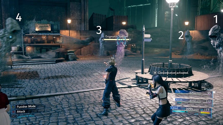Sephiroth accompanied by four Whispers.