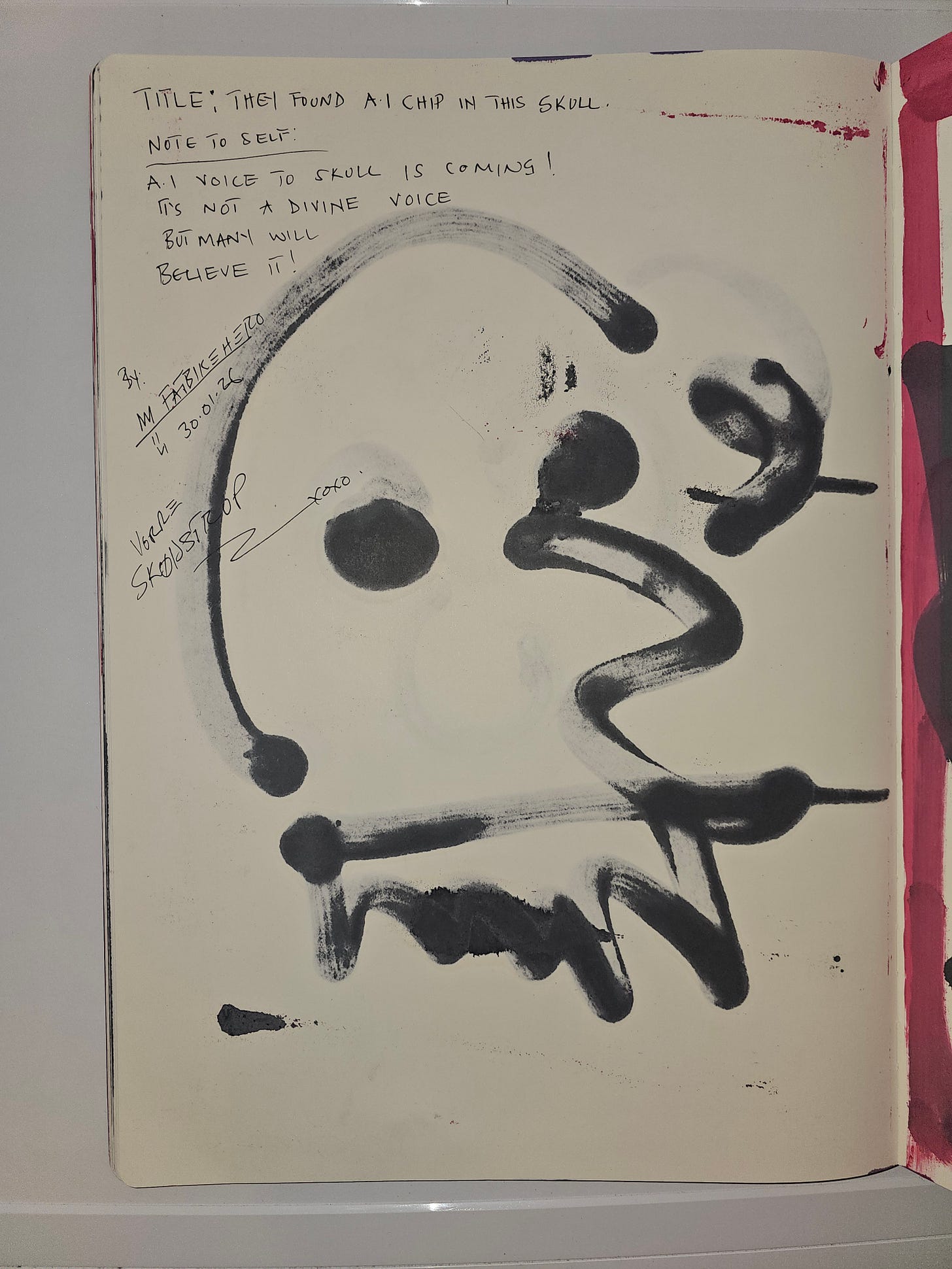 Handwritten manifesto on sketchbook verso warning of AI voice to skull, signed and dated by FatbikeHero.