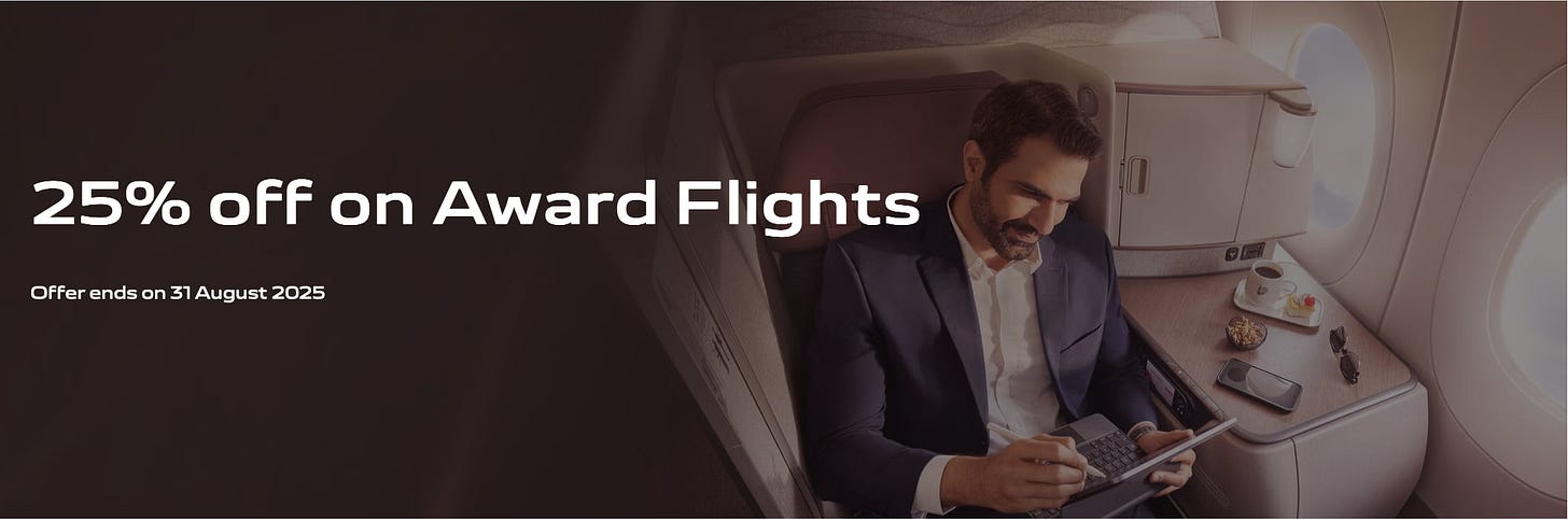 A man is sitting in an airplane seat, using a tablet. The seat has a table with a cup of coffee, a dessert, sunglasses, and a smartphone on it. The text on the left side of the image reads "25% off on Award Flights" with a note that the offer ends on 31 August 2025.