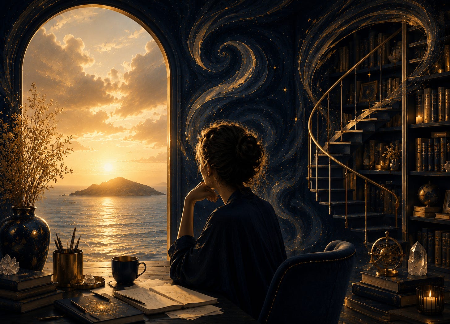 A woman sits at a writing desk in a mystical navy, cream and gold library, looking through an arched opening toward a glowing island at sunset. Bookshelves and a spiral staircase rise beside her as swirling golden light moves through the room, reflecting the shift from a borrowed dream toward a life imagined for herself.