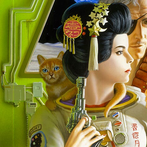 LEFT: Detail from CAT WHO WALKS THROUGH WALLS featuring a debonair man with grey hair, thin mustache, and eye patch standing behind a woman in a spacesuit. Her hair is done up geisha style, decorated with cultural ornaments in red and gold. A band of five pointed stars toward the front of her hair ends with a crescent moon, a star and a tassel. An orange tabby cat rests on her shoulder with one paw in the metal ring of her collar and its tail wrapping around the other side of her neck. CENTER: Close detail from CAT WHO WALKS THROUGH WALLS featuring the sleeve of the woman's spacesuit with a checker pattern cuff and the artist's sigil, the stylized letters M and W intersecting inside a circle with the copyright date 1985. RIGHT: Close detail from CAT WHO WALKS THROUGH WALLS featuring an orange tabby cat on the shoulder of woman wearing a spacesuit. It has vibrant blue eyes. The patch on the shoulder of her spacesuit reads "Budget" with another patch below showing 5 pointed stars on a field of black set against a crescent moon. Her hair is done up geisha style, decorated with cultural ornaments in red and gold. A band of five pointed stars toward the front of her hair ends with a crescent moon, a star and a tassel.