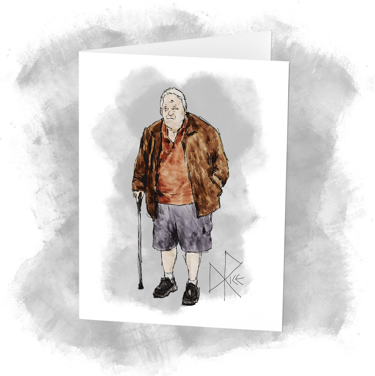 With some assistance from the cane in his hand, an elderly man stands while wearing a jacket and shorts. Sketch art by Don Rice.