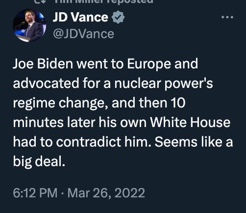 ImageVANCE, 3/26/22: Joe Biden went to Europe and advocated for a nuclear power’s regime change, and then 10 minutes later his own White House had to contradict him. Seems like a big deal. ImageVANCE, 3/26/22: Joe Biden went to Europe and advocated for a nuclear power’s regime change, and then 10 minutes later his own White House had to contradict him. Seems like a big deal.