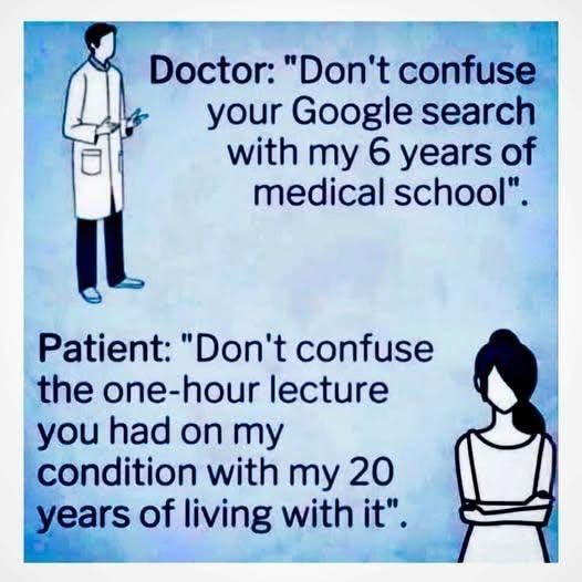 Cartoon illustration shows a male doctor standing on the left wearing a white lab coat holding a clipboard and stethoscope around his neck speaking text that reads Doctor: Do not confuse your Google search with my 6 years of medical school. On the right a female patient stands with arms crossed speaking text that reads Patient: Do not confuse the one-hour lecture you had on my condition with my 20 years of living with it. The background is plain blue.