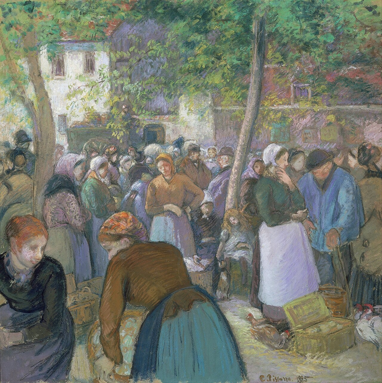 A packed country market of townsfolk trading poultry under bright dappled light A packed country market of townsfolk trading poultry under bright dappled light