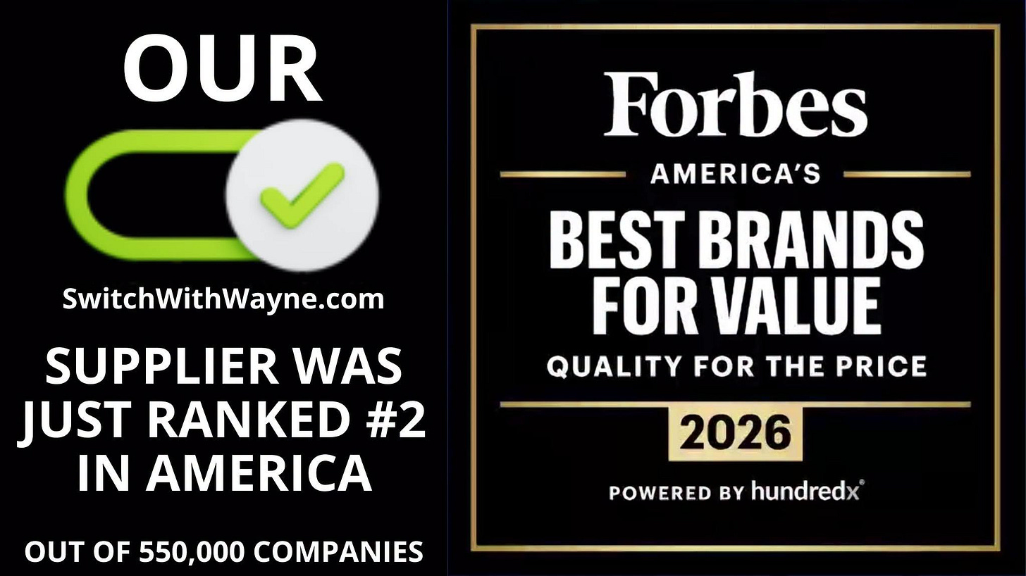 May be an image of text that says 'OUR SwitchWithWayne.com Forbes AMERICA'S BEST BRANDS FOR VALUE QUALITY FOR THE PRICE SUPPLIER WAS JUST RANKED #2 IN AMERICA OUT OF 550,000 COMPANIES 2026 POWERED POWEREDBYhundredx BY hundredx'