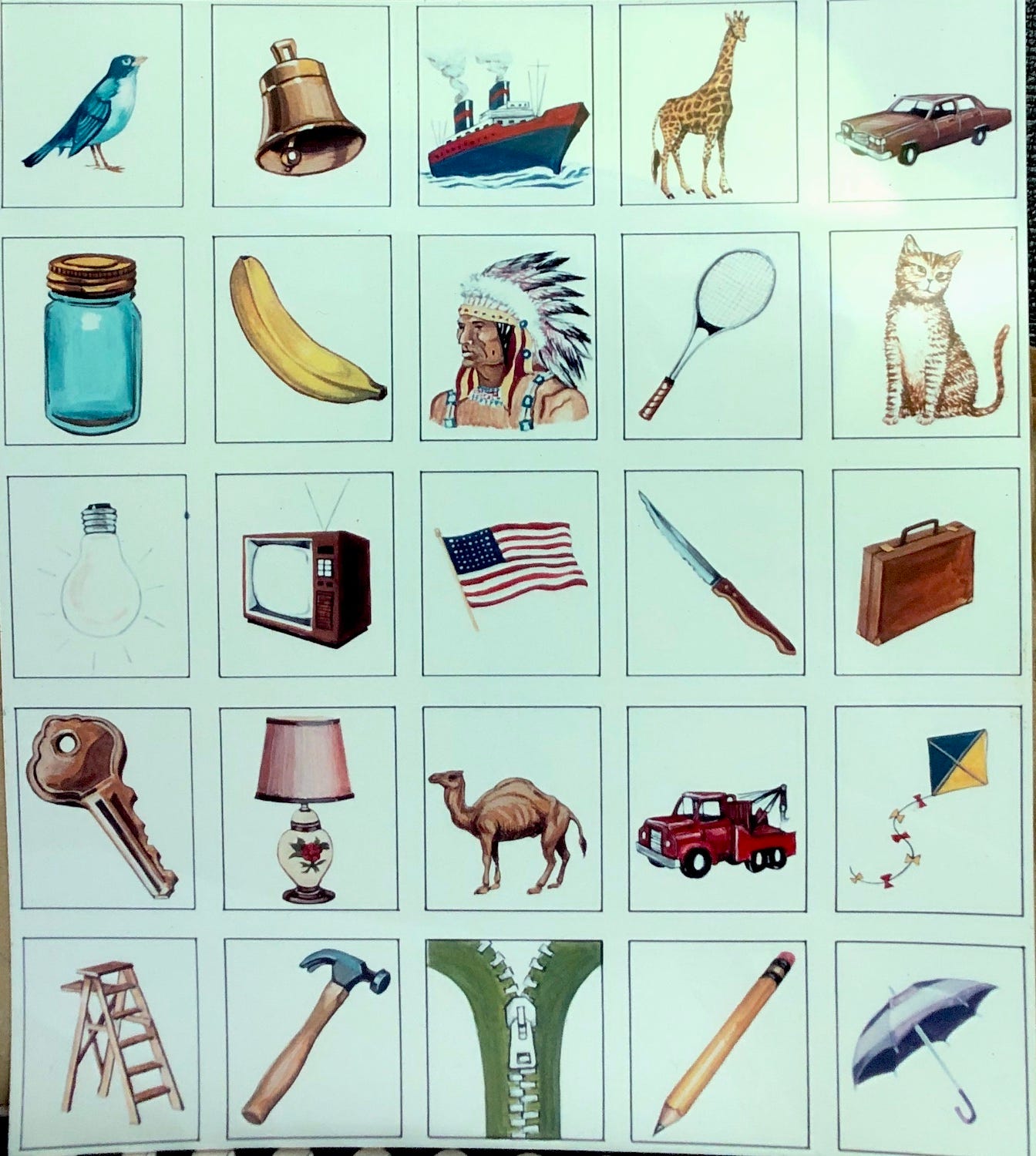 Illustrations of different objects for a bingo game.