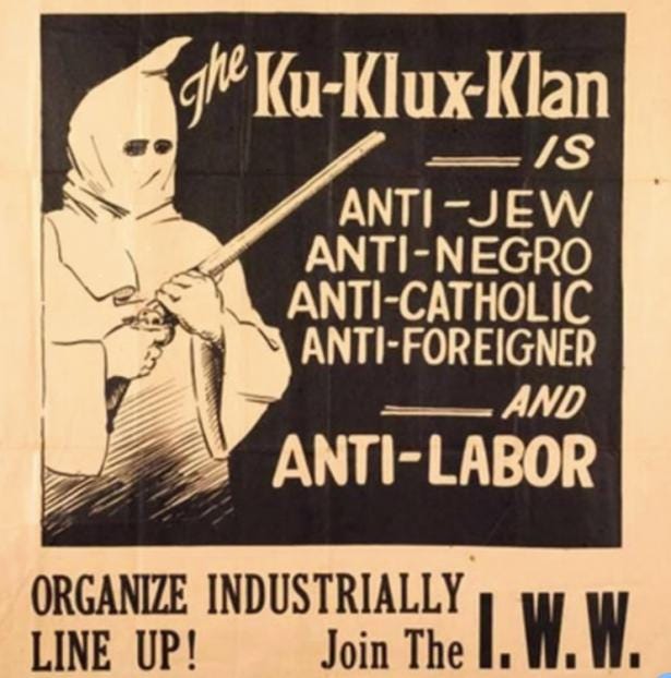 painting of a kkk  in a sheet with a gun and the words anti-jew, negro, catholic, foreigner and laborprolt    with with a 