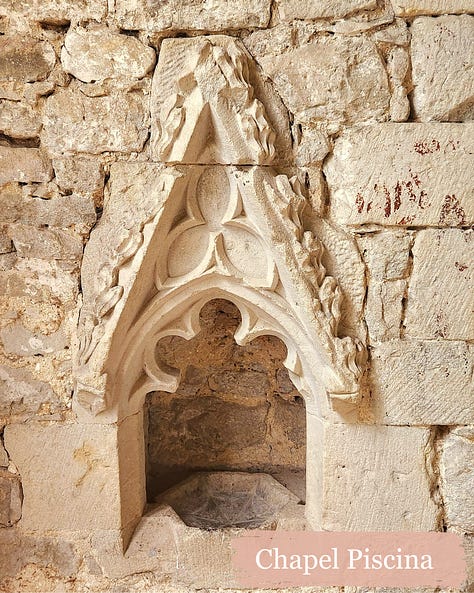 Nine pictures showing the interior of Old Soar Manor including exposed beam ceilings, original doors, a font for the chapel, and remnants of wall paintings