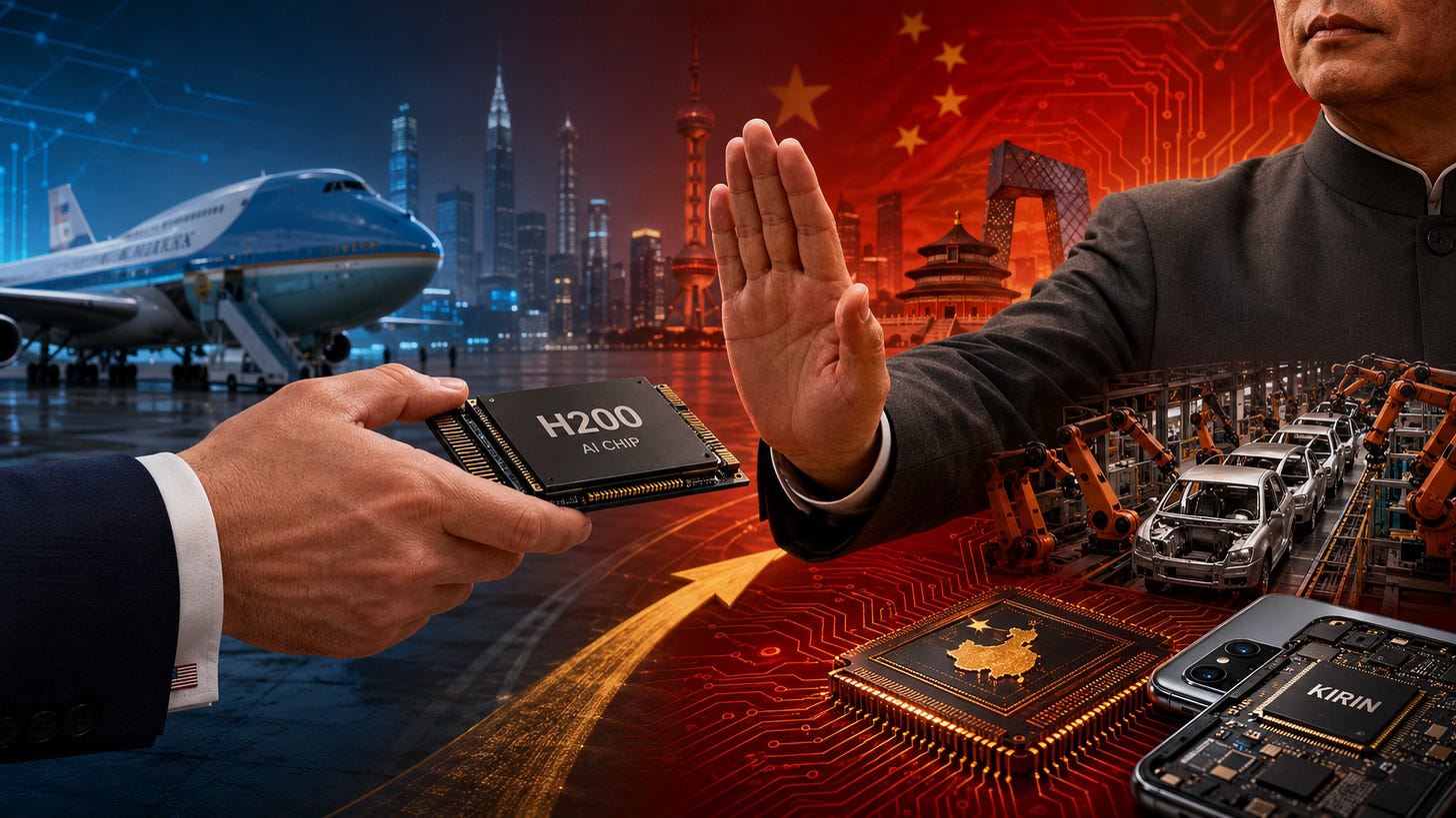 Symbolic illustration showing a Western hand offering an H200 chip to a Chinese hand raised in refusal. On the left, a presidential aircraft and a blue technological environment evoke the United States and Nvidia. On the right, red circuitry, car factories, a Chinese chip and a Kirin smartphone suggest China’s push for technological autonomy, from AI to automobiles.