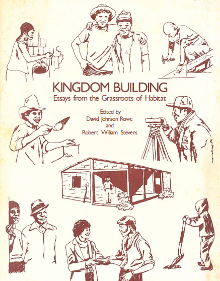 Screenshot of an essay collection cover with vintage illustrations. Title "Kingdom Building: From the grassroots of Habitat"