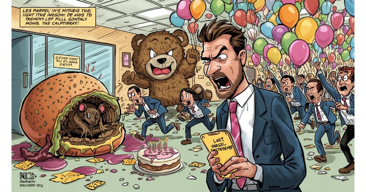 A humorous cartoon scene of an office birthday party in chaos: employees running, a teddy bear moving on its own, a rotten burger stinking up the room, and a rat ruining a cake, while a worried man checks his phone for the “last parcel.” A humorous cartoon scene of an office birthday party in chaos: employees running, a teddy bear moving on its own, a rotten burger stinking up the room, and a rat ruining a cake, while a worried man checks his phone for the “last parcel.”
