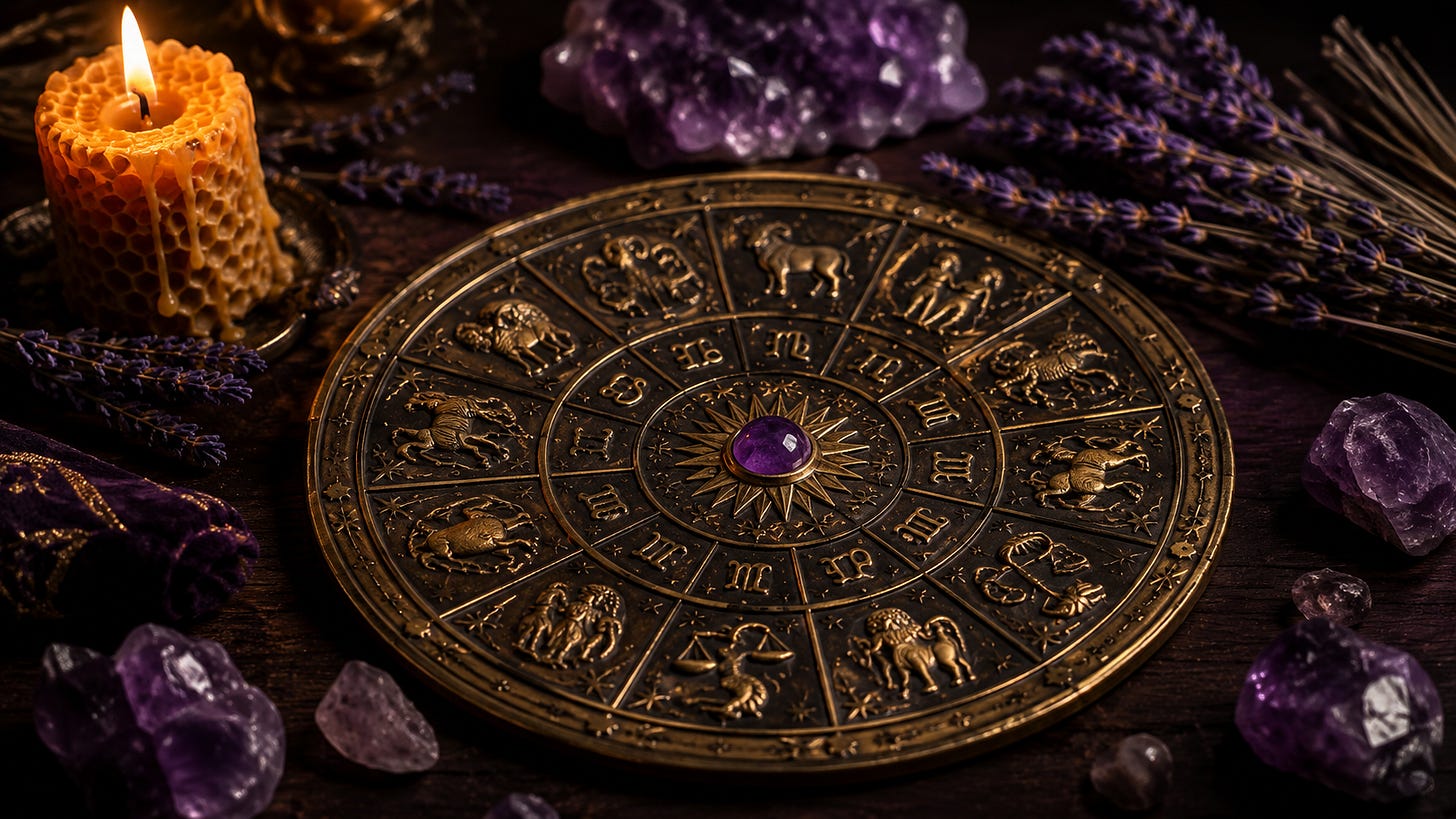 A brass zodiac wheel showing all twelve signs, lit by a candle and surrounded by amethyst. A brass zodiac wheel showing all twelve signs, lit by a candle and surrounded by amethyst.