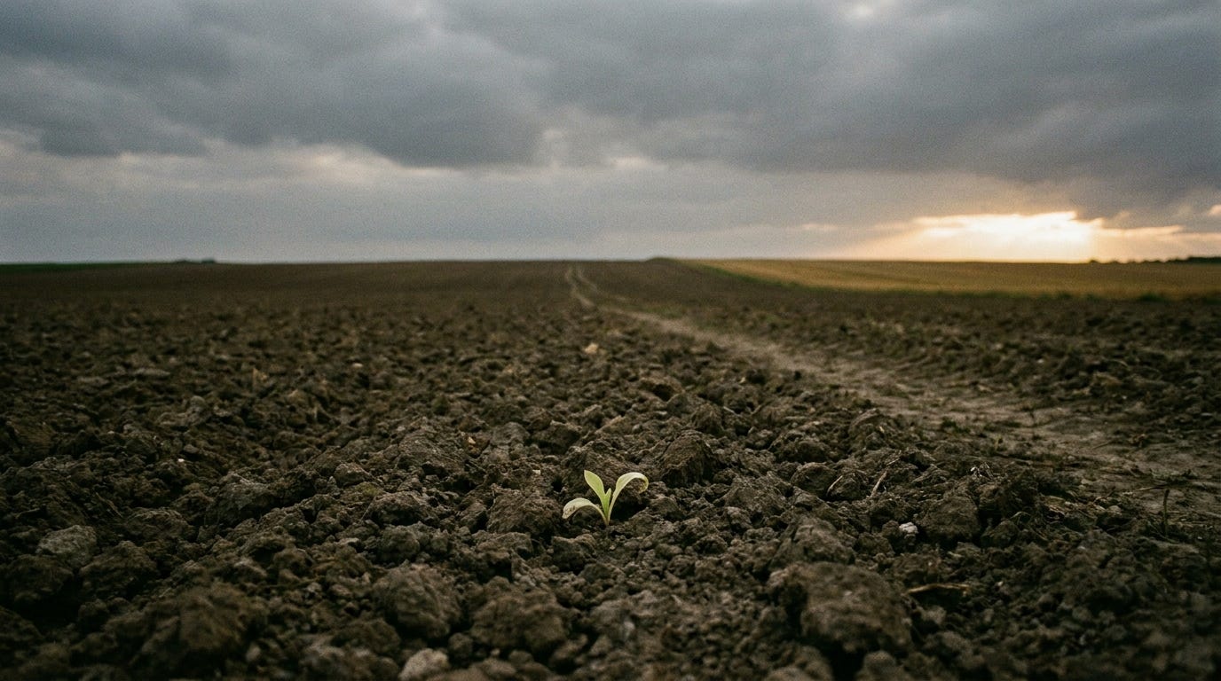 Dark tilled earth at dusk, a path crossing toward a break of warm light on the horizon, a single green sprout in the foreground