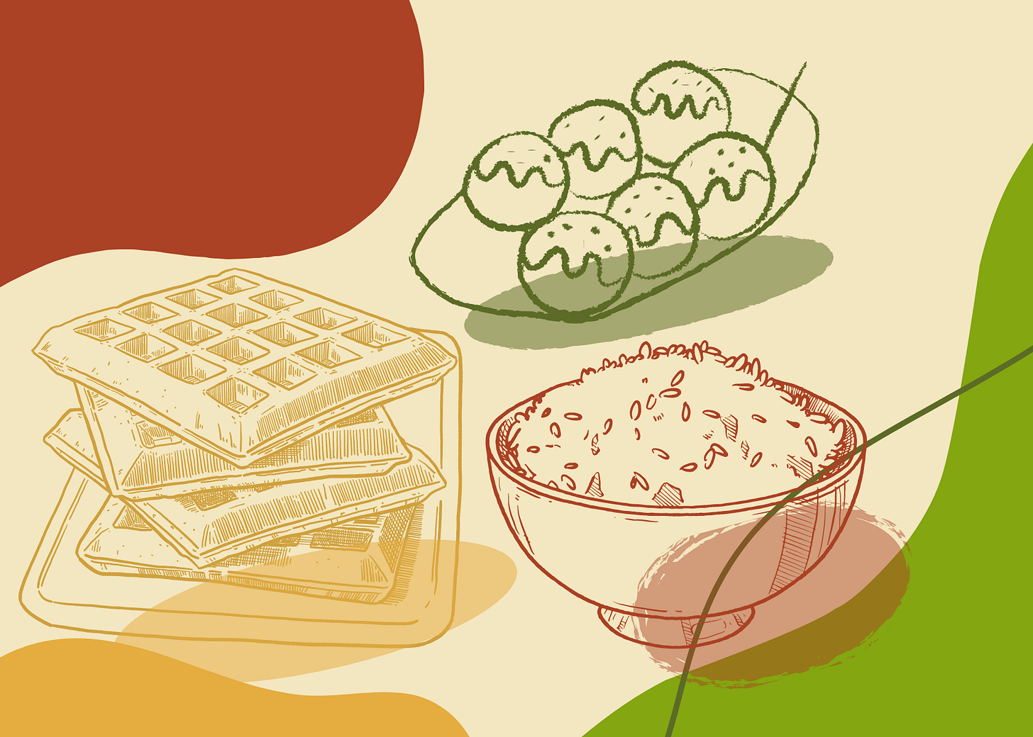 hand drawn art of waffles, a bowl of rice, and takoyaki (japanese fried octopus balls)