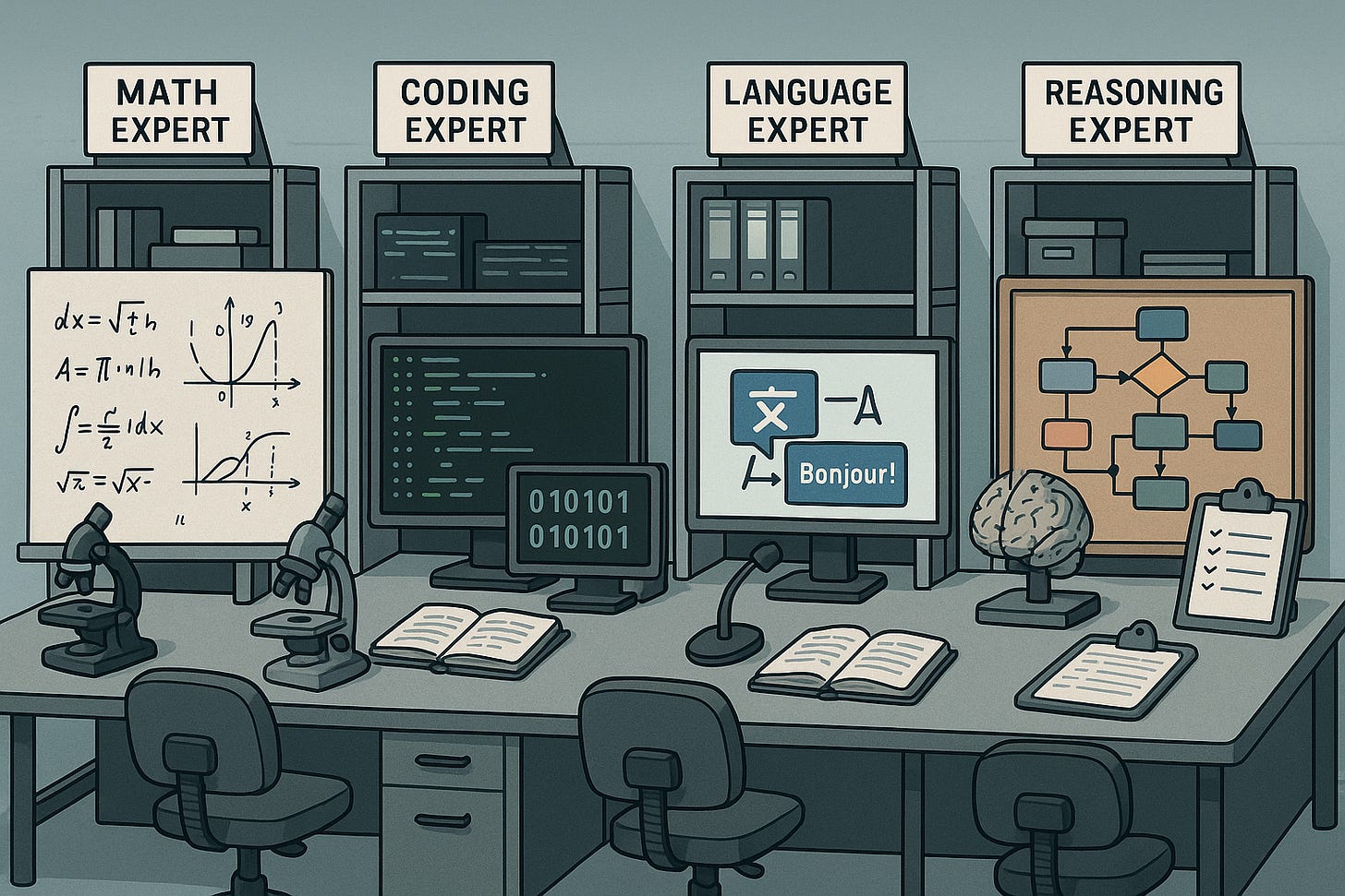 Specialized expert workstations representing different AI capabilities