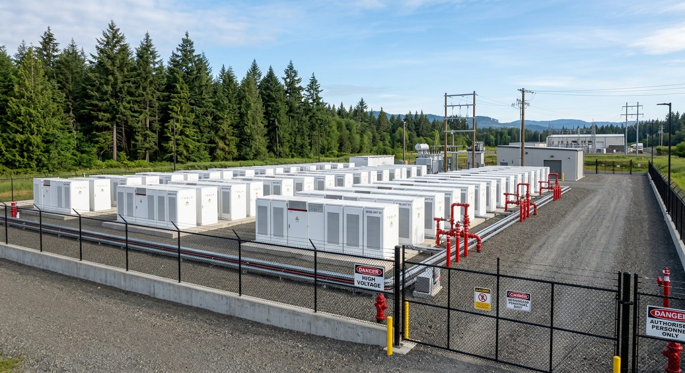 A wide-angle photograph of a modern utility-scale battery storage installation with sleek white enclosures behind a fence on an industrial campus in Washington state. A wide-angle photograph of a modern utility-scale battery storage installation with sleek white enclosures behind a fence on an industrial campus in Washington state.